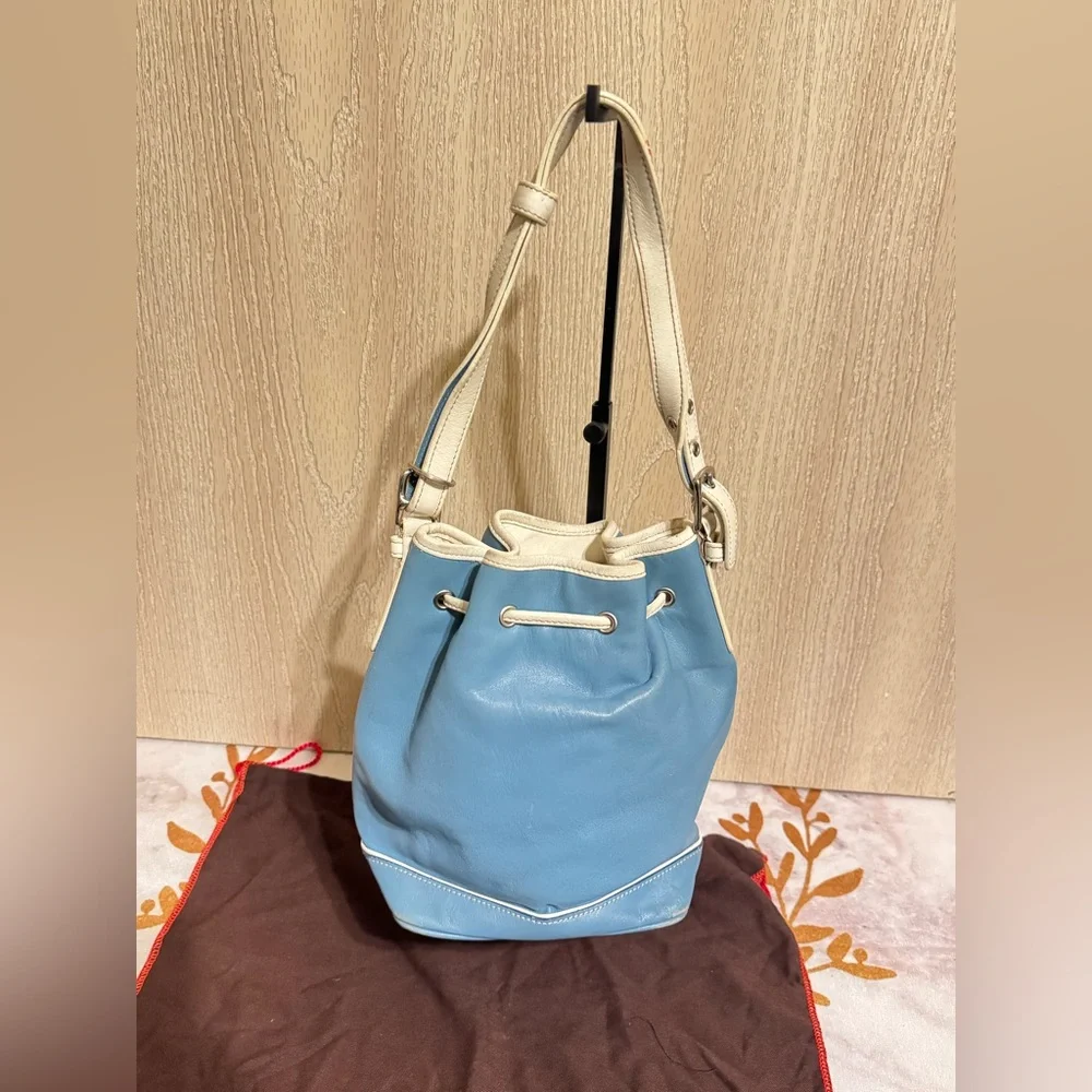 Vintage COACH Blue & White Leather Mini Bucket Drawstring Crossbody Shoulder Bag